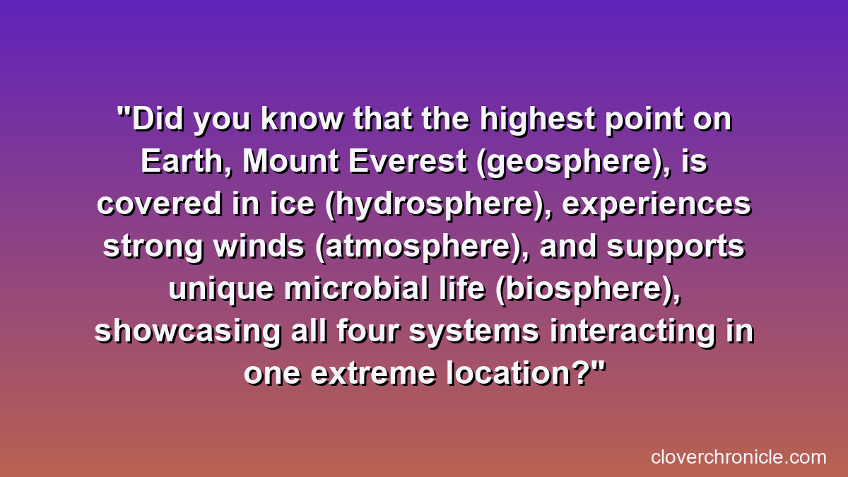 Did you know that the highest point on Earth, Mount Everest (geosphere), is covered in ice (hydrosphere), experiences strong winds (atmosphere), and supports unique microbial life (biosphere), showcasing all four systems interacting in one extreme location?