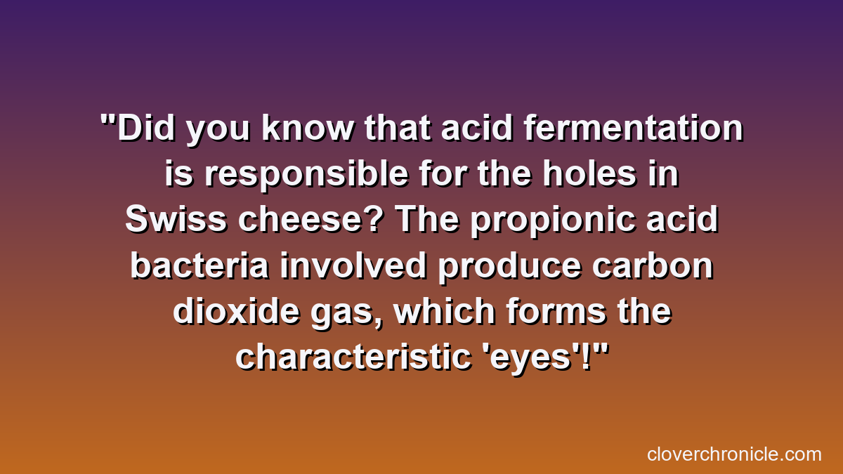 Did you know that acid fermentation is responsible for the holes in Swiss cheese? The propionic acid bacteria involved produce carbon dioxide gas, which forms the characteristic 'eyes'!