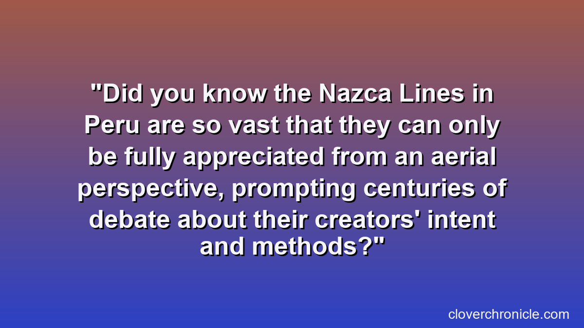 Did you know the Nazca Lines in Peru are so vast that they can only be fully appreciated from an aerial perspective, prompting centuries of debate about their creators' intent and methods?