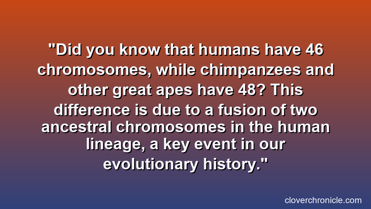 Did you know that humans have 46 chromosomes, while chimpanzees and other great apes have 48? This difference is due to a fusion of two ancestral chromosomes in the human lineage, a key event in our evolutionary history.