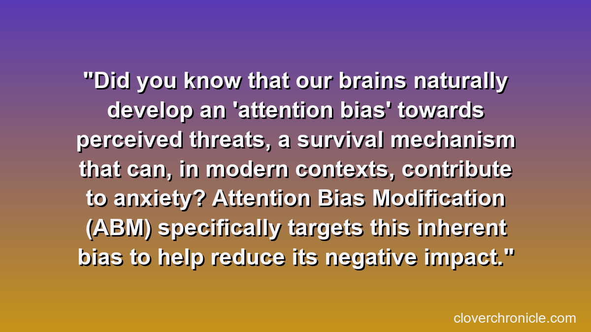 Did you know that our brains naturally develop an 'attention bias' towards perceived threats, a survival mechanism that can, in modern contexts, contribute to anxiety? Attention Bias Modification (ABM) specifically targets this inherent bias to help reduce its negative impact.
