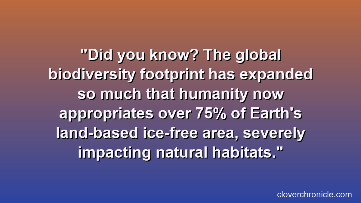 Did you know? The global biodiversity footprint has expanded so much that humanity now appropriates over 75% of Earth's land-based ice-free area, severely impacting natural habitats.