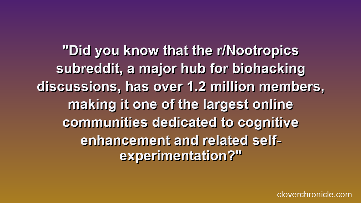 Did you know that the r/Nootropics subreddit, a major hub for biohacking discussions, has over 1.2 million members, making it one of the largest online communities dedicated to cognitive enhancement and related self-experimentation?