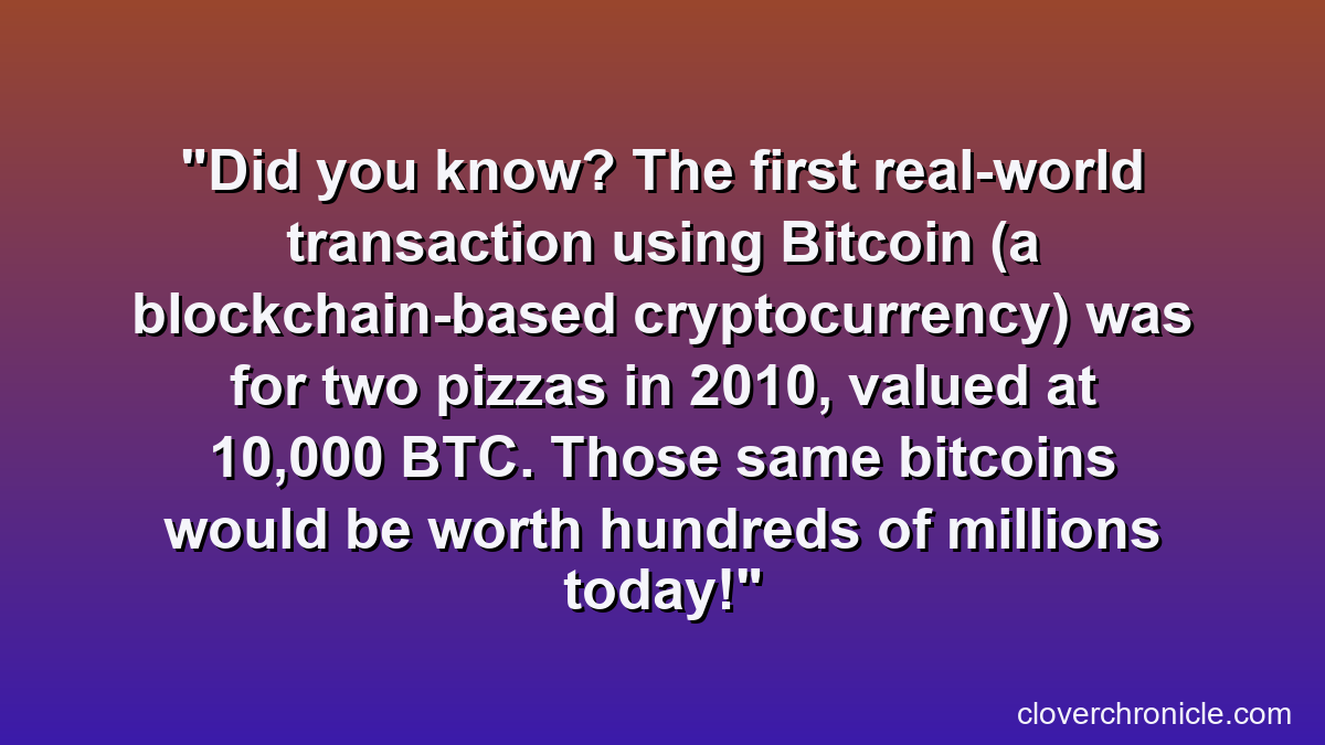 Did you know? The first real-world transaction using Bitcoin (a blockchain-based cryptocurrency) was for two pizzas in 2010, valued at 10,000 BTC. Those same bitcoins would be worth hundreds of millions today!