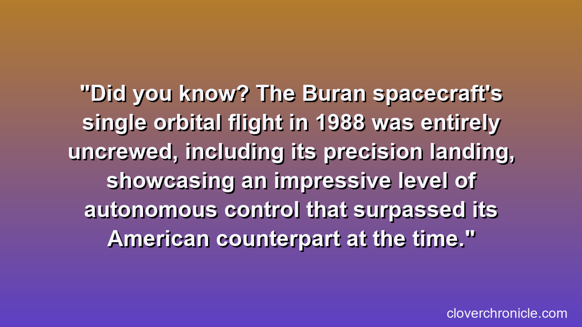 Did you know? The Buran spacecraft's single orbital flight in 1988 was entirely uncrewed, including its precision landing, showcasing an impressive level of autonomous control that surpassed its American counterpart at the time.