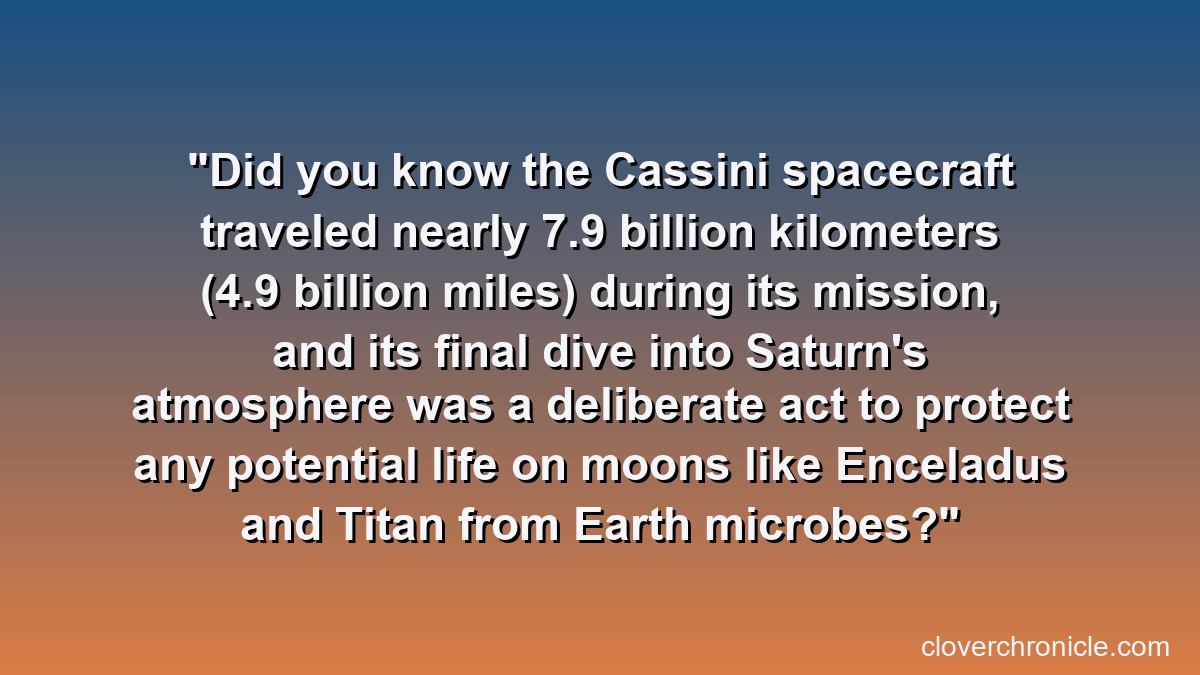 Did you know the Cassini spacecraft traveled nearly 7.9 billion kilometers (4.9 billion miles) during its mission, and its final dive into Saturn's atmosphere was a deliberate act to protect any potential life on moons like Enceladus and Titan from Earth microbes?