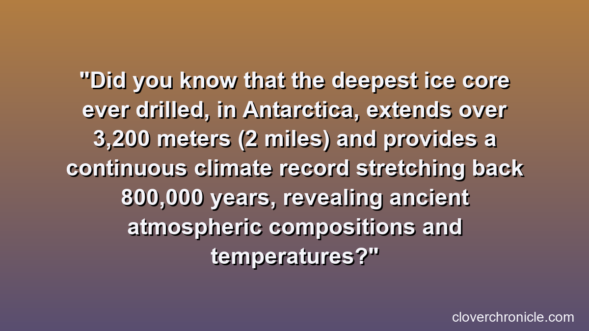 Did you know that the deepest ice core ever drilled, in Antarctica, extends over 3,200 meters (2 miles) and provides a continuous climate record stretching back 800,000 years, revealing ancient atmospheric compositions and temperatures?