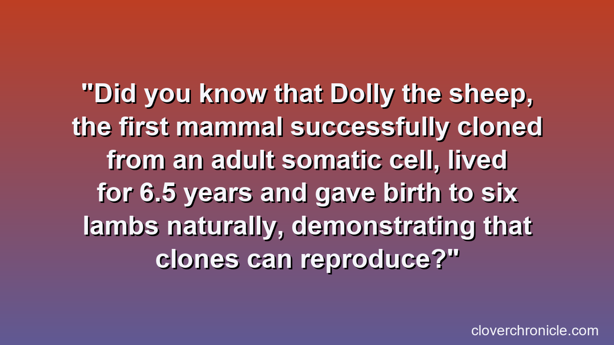 Did you know that Dolly the sheep, the first mammal successfully cloned from an adult somatic cell, lived for 6.5 years and gave birth to six lambs naturally, demonstrating that clones can reproduce?
