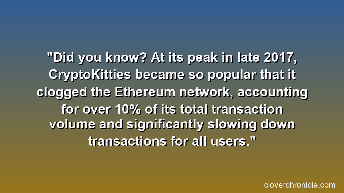 Did you know? At its peak in late 2017, CryptoKitties became so popular that it clogged the Ethereum network, accounting for over 10% of its total transaction volume and significantly slowing down transactions for all users.