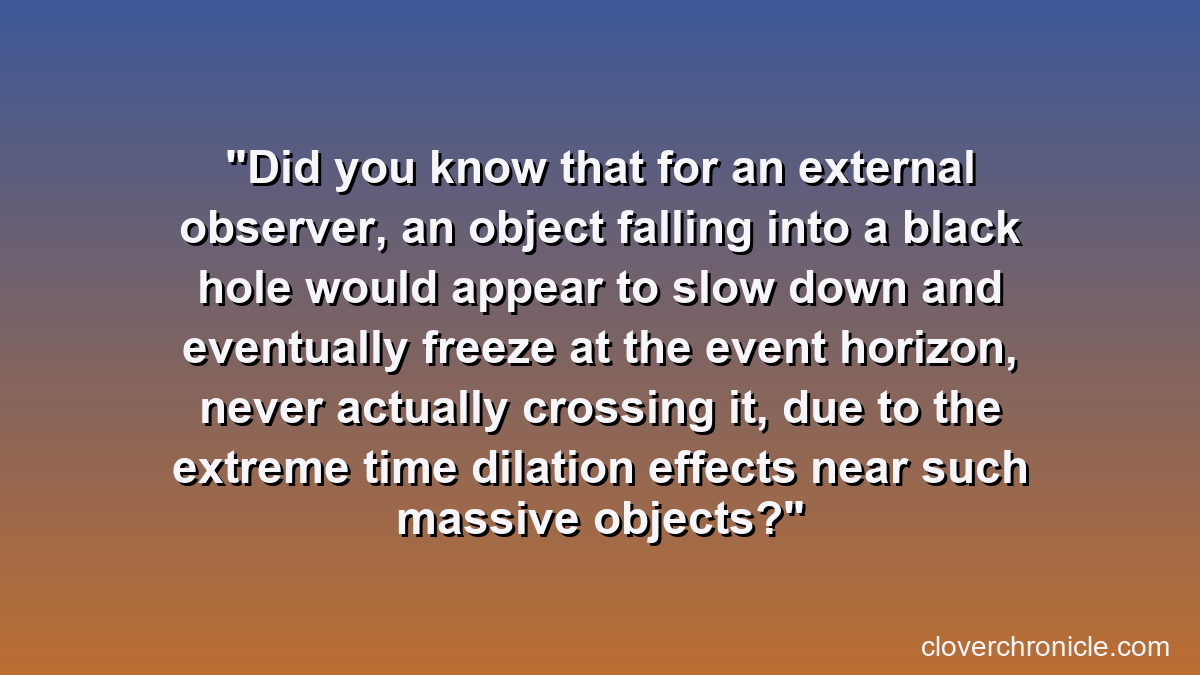 Did you know that for an external observer, an object falling into a black hole would appear to slow down and eventually freeze at the event horizon, never actually crossing it, due to the extreme time dilation effects near such massive objects?
