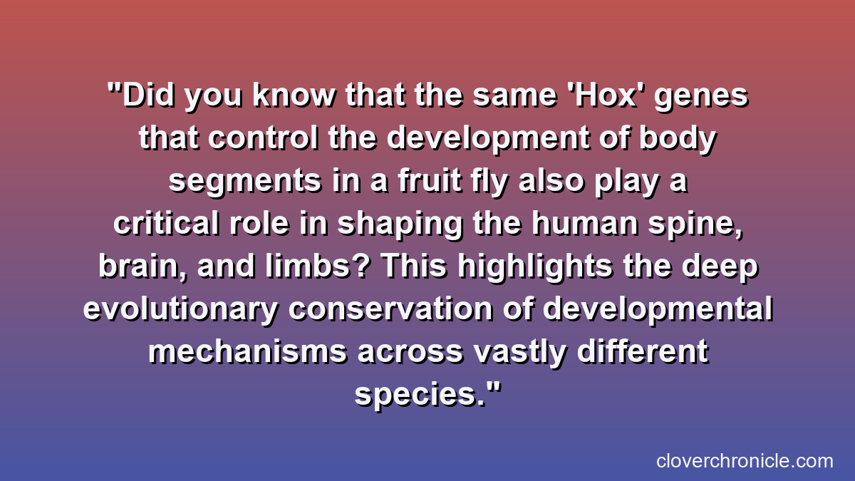Did you know that the same 'Hox' genes that control the development of body segments in a fruit fly also play a critical role in shaping the human spine, brain, and limbs? This highlights the deep evolutionary conservation of developmental mechanisms across vastly different species.