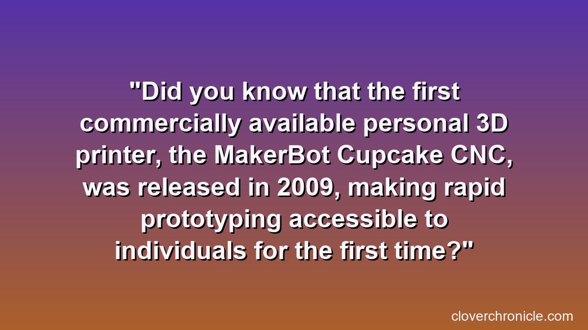 Did you know that the first commercially available personal 3D printer, the MakerBot Cupcake CNC, was released in 2009, making rapid prototyping accessible to individuals for the first time?