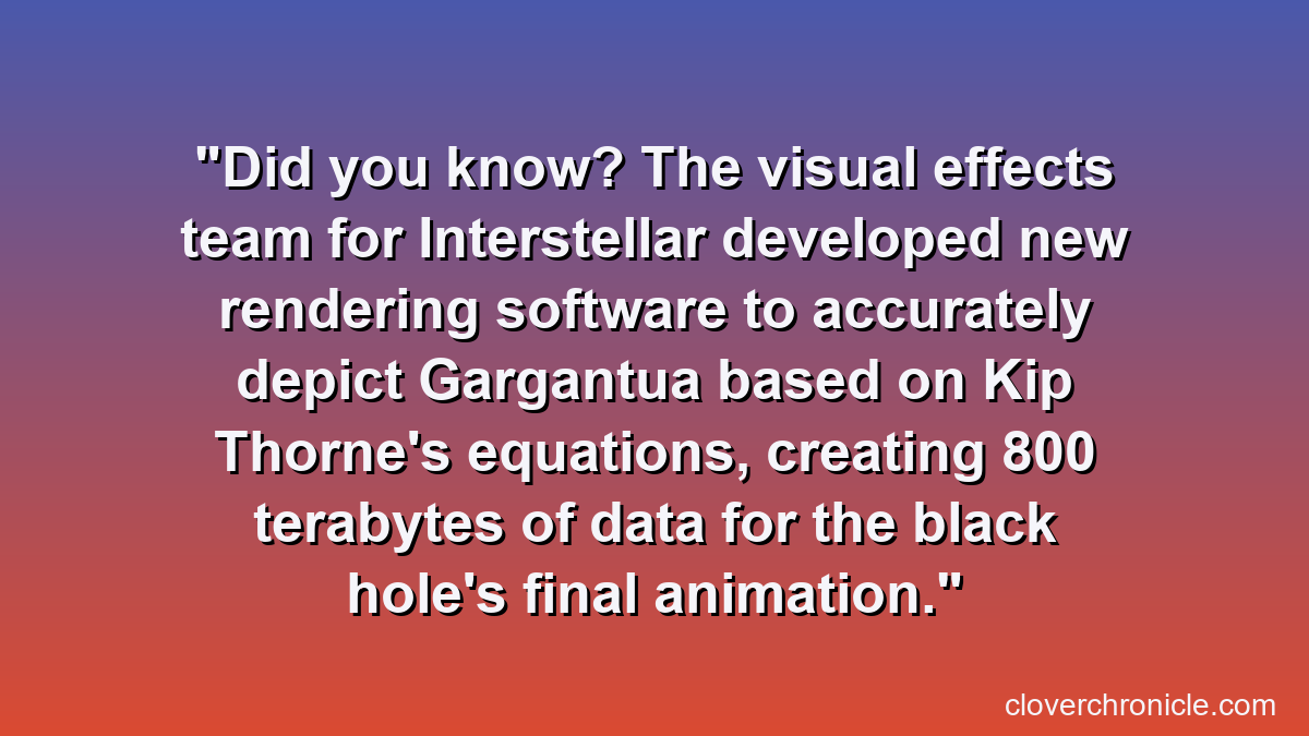 Did you know? The visual effects team for Interstellar developed new rendering software to accurately depict Gargantua based on Kip Thorne's equations, creating 800 terabytes of data for the black hole's final animation.