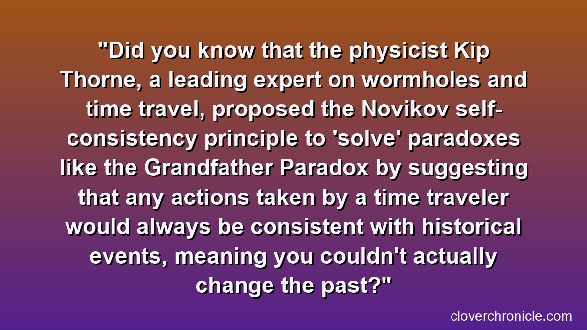Did you know that the physicist Kip Thorne, a leading expert on wormholes and time travel, proposed the Novikov self-consistency principle to 'solve' paradoxes like the Grandfather Paradox by suggesting that any actions taken by a time traveler would always be consistent with historical events, meaning you couldn't actually change the past?