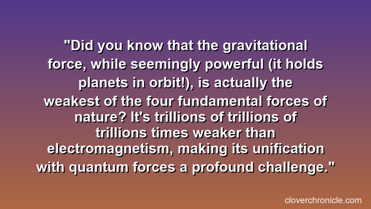 Did you know that the gravitational force, while seemingly powerful (it holds planets in orbit!), is actually the weakest of the four fundamental forces of nature? It's trillions of trillions of trillions times weaker than electromagnetism, making its unification with quantum forces a profound challenge.
