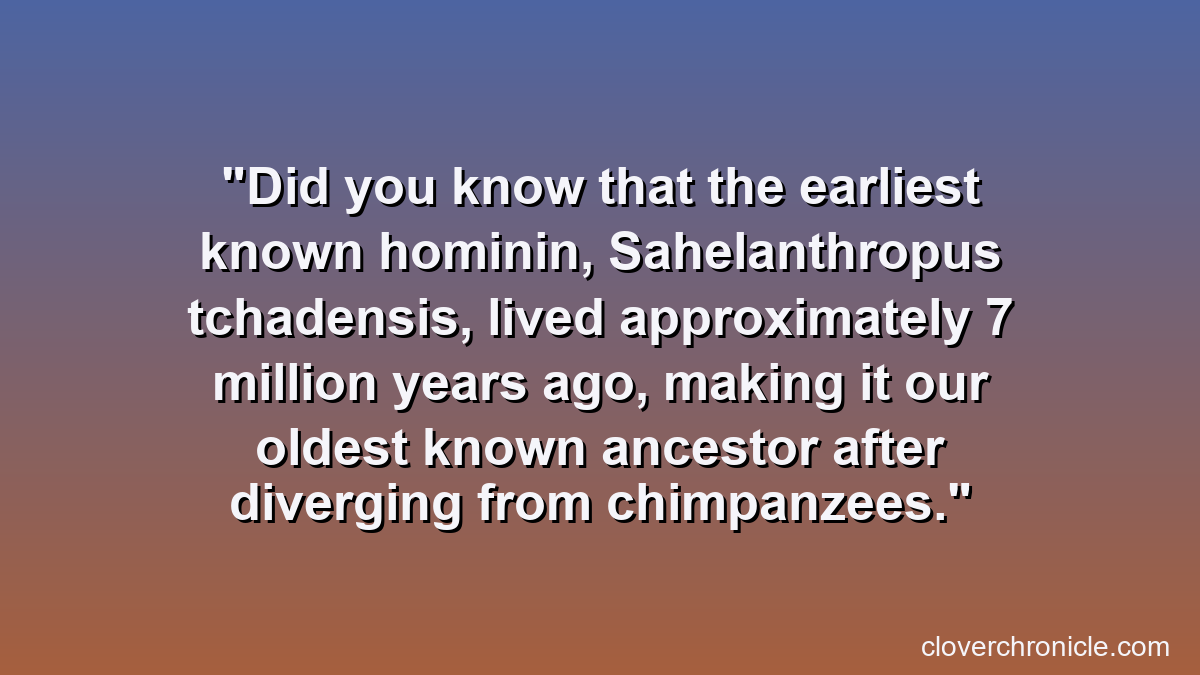 Did you know that the earliest known hominin, Sahelanthropus tchadensis, lived approximately 7 million years ago, making it our oldest known ancestor after diverging from chimpanzees.