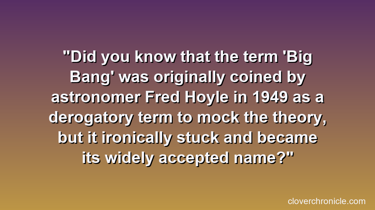 Did you know that the term 'Big Bang' was originally coined by astronomer Fred Hoyle in 1949 as a derogatory term to mock the theory, but it ironically stuck and became its widely accepted name?