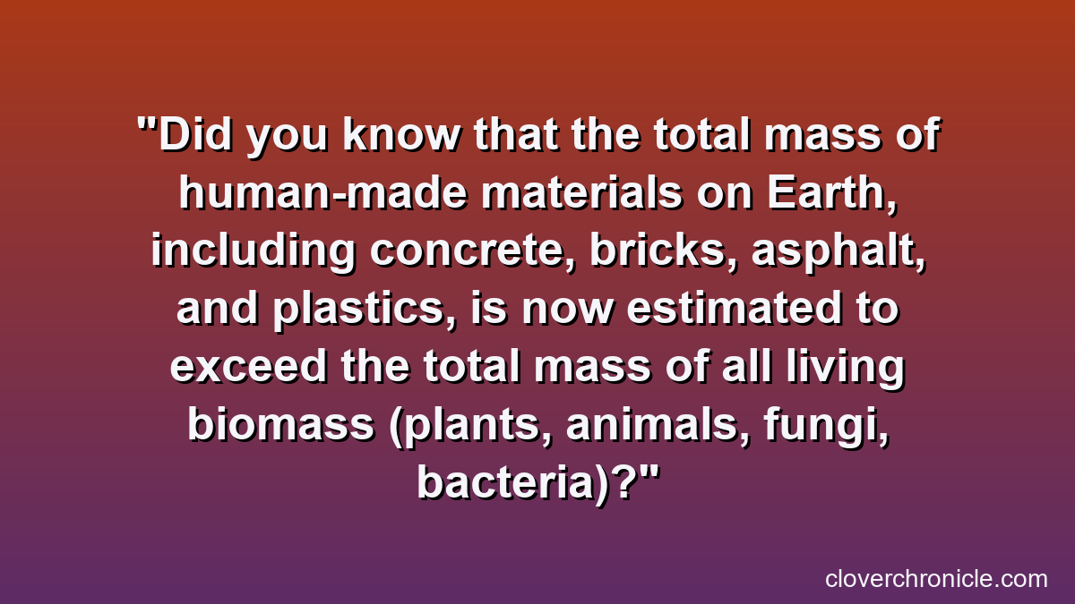 Did you know that the total mass of human-made materials on Earth, including concrete, bricks, asphalt, and plastics, is now estimated to exceed the total mass of all living biomass (plants, animals, fungi, bacteria)?