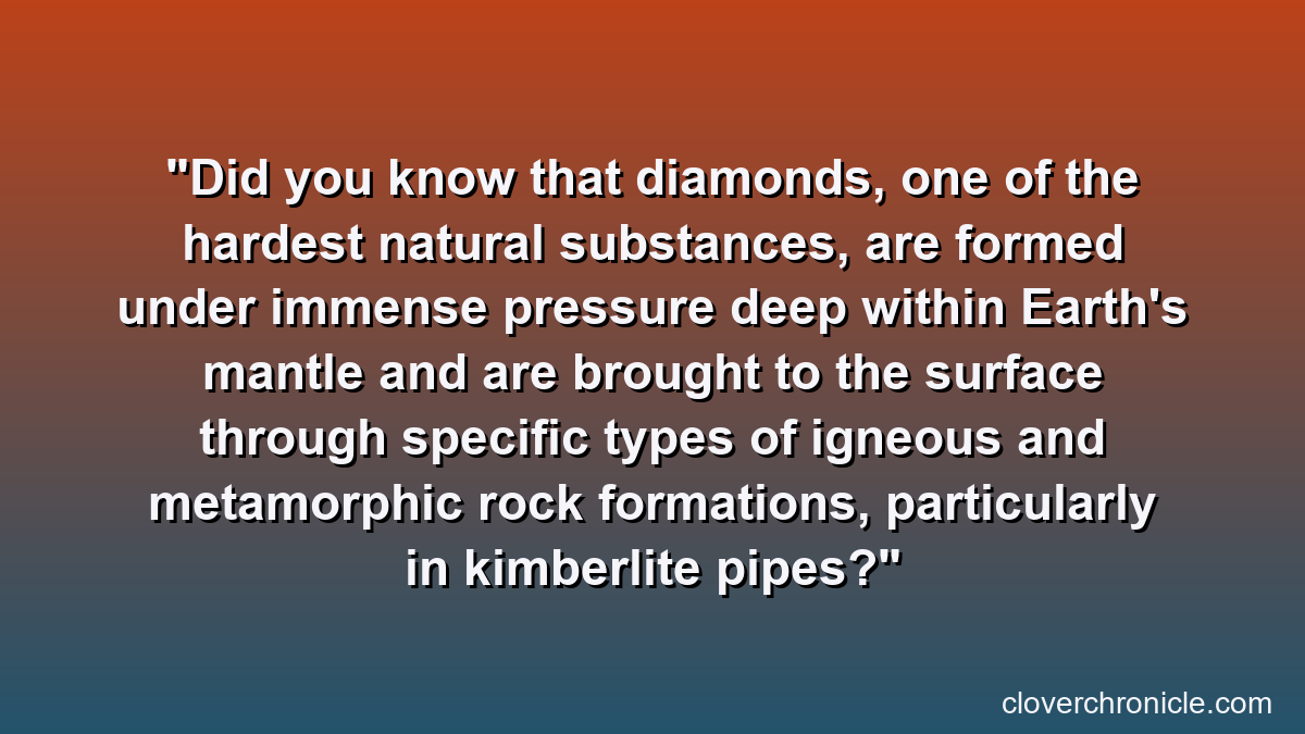 Did you know that diamonds, one of the hardest natural substances, are formed under immense pressure deep within Earth's mantle and are brought to the surface through specific types of igneous and metamorphic rock formations, particularly in kimberlite pipes?