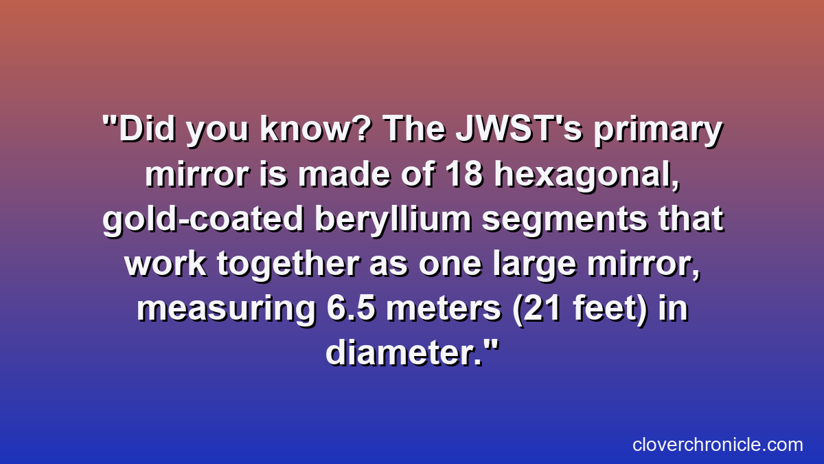 Did you know? The JWST's primary mirror is made of 18 hexagonal, gold-coated beryllium segments that work together as one large mirror, measuring 6.5 meters (21 feet) in diameter.