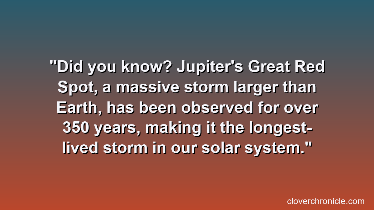 Did you know? Jupiter's Great Red Spot, a massive storm larger than Earth, has been observed for over 350 years, making it the longest-lived storm in our solar system.