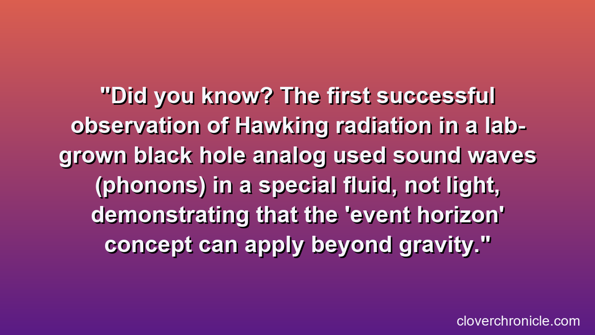 Did you know? The first successful observation of Hawking radiation in a lab-grown black hole analog used sound waves (phonons) in a special fluid, not light, demonstrating that the 'event horizon' concept can apply beyond gravity.