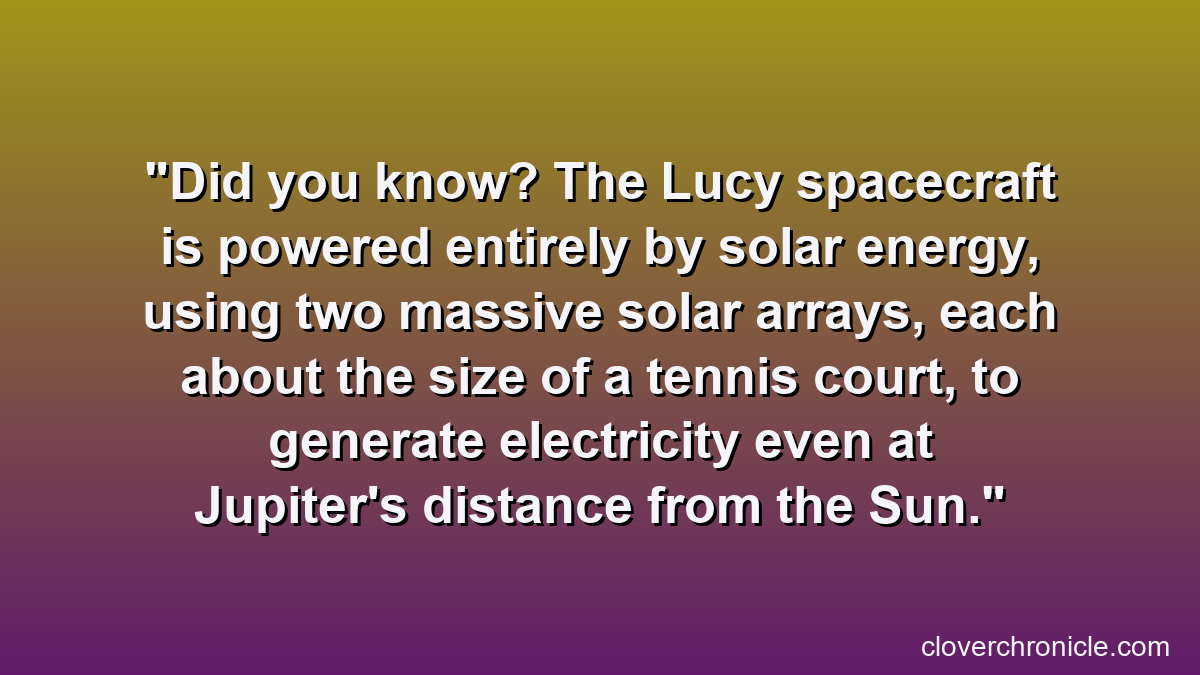 Did you know? The Lucy spacecraft is powered entirely by solar energy, using two massive solar arrays, each about the size of a tennis court, to generate electricity even at Jupiter's distance from the Sun.