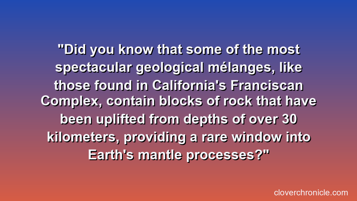 Did you know that some of the most spectacular geological mélanges, like those found in California's Franciscan Complex, contain blocks of rock that have been uplifted from depths of over 30 kilometers, providing a rare window into Earth's mantle processes?