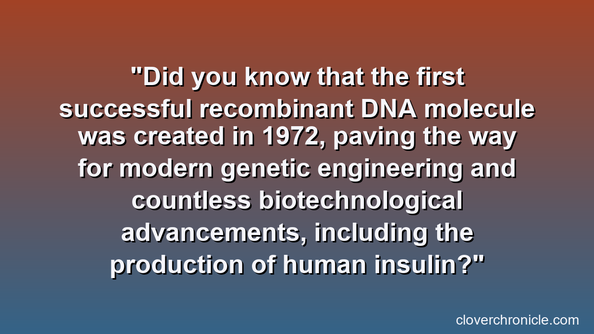Did you know that the first successful recombinant DNA molecule was created in 1972, paving the way for modern genetic engineering and countless biotechnological advancements, including the production of human insulin?