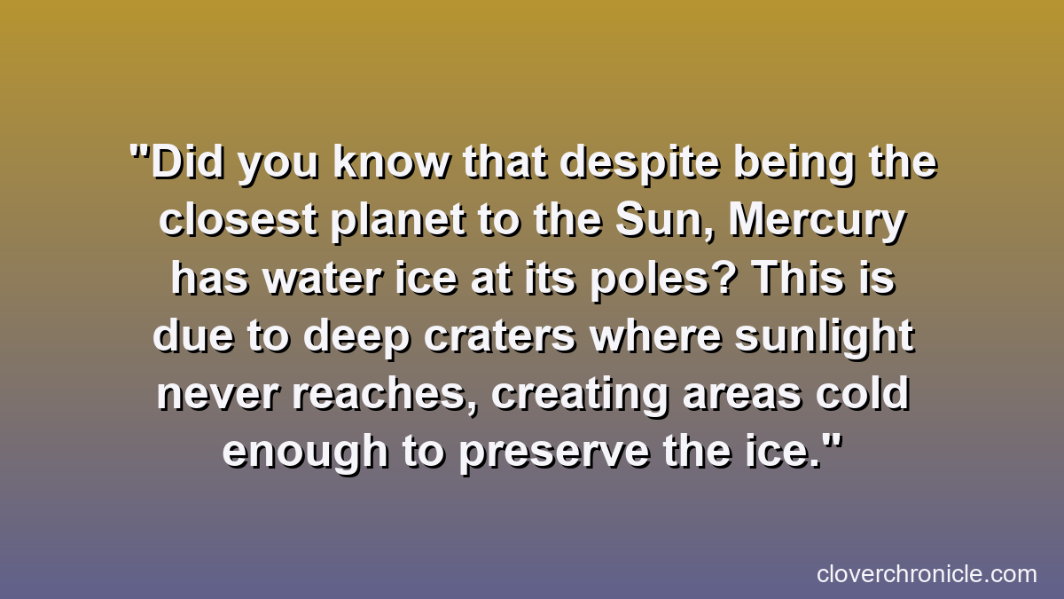 Did you know that despite being the closest planet to the Sun, Mercury has water ice at its poles? This is due to deep craters where sunlight never reaches, creating areas cold enough to preserve the ice.