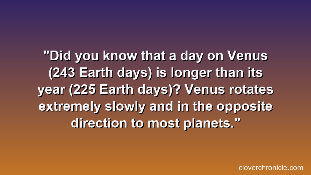 Did you know that a day on Venus (243 Earth days) is longer than its year (225 Earth days)? Venus rotates extremely slowly and in the opposite direction to most planets.