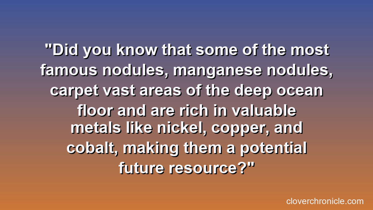 Did you know that some of the most famous nodules, manganese nodules, carpet vast areas of the deep ocean floor and are rich in valuable metals like nickel, copper, and cobalt, making them a potential future resource?