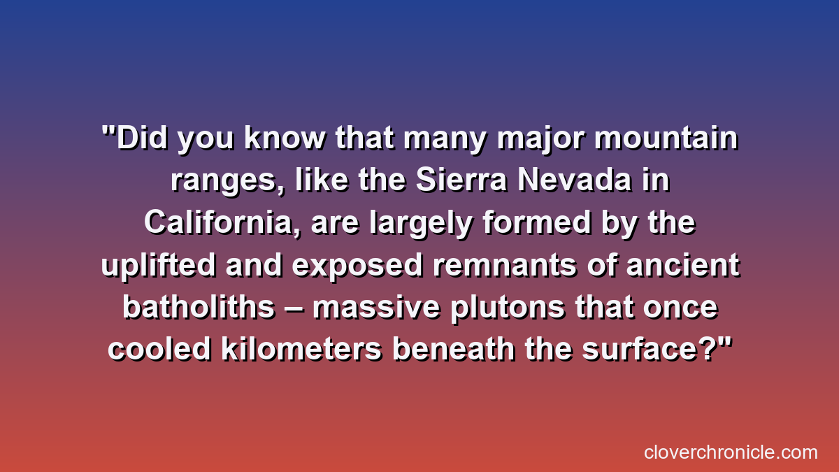 Did you know that many major mountain ranges, like the Sierra Nevada in California, are largely formed by the uplifted and exposed remnants of ancient batholiths – massive plutons that once cooled kilometers beneath the surface?