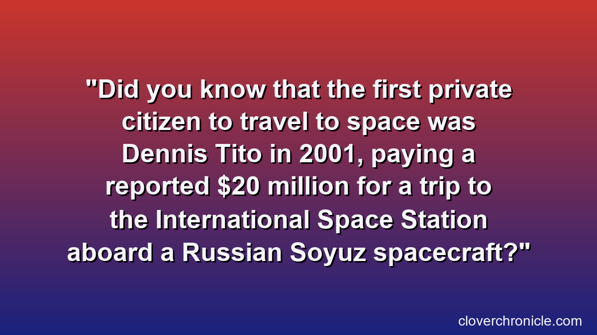 Did you know that the first private citizen to travel to space was Dennis Tito in 2001, paying a reported $20 million for a trip to the International Space Station aboard a Russian Soyuz spacecraft?