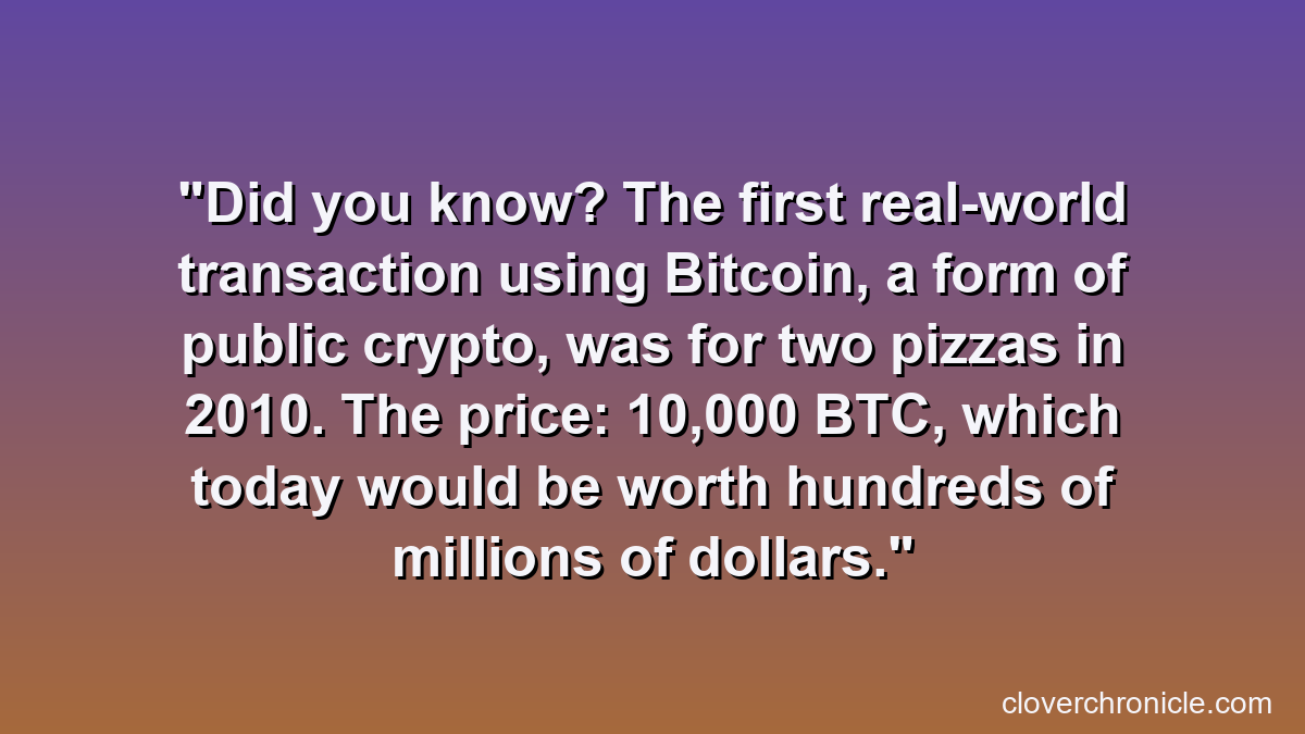 Did you know? The first real-world transaction using Bitcoin, a form of public crypto, was for two pizzas in 2010. The price: 10,000 BTC, which today would be worth hundreds of millions of dollars.