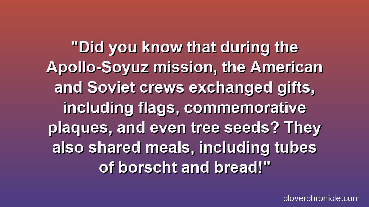 Did you know that during the Apollo-Soyuz mission, the American and Soviet crews exchanged gifts, including flags, commemorative plaques, and even tree seeds? They also shared meals, including tubes of borscht and bread!