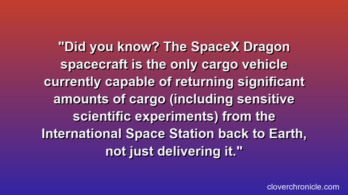 Did you know? The SpaceX Dragon spacecraft is the only cargo vehicle currently capable of returning significant amounts of cargo (including sensitive scientific experiments) from the International Space Station back to Earth, not just delivering it.