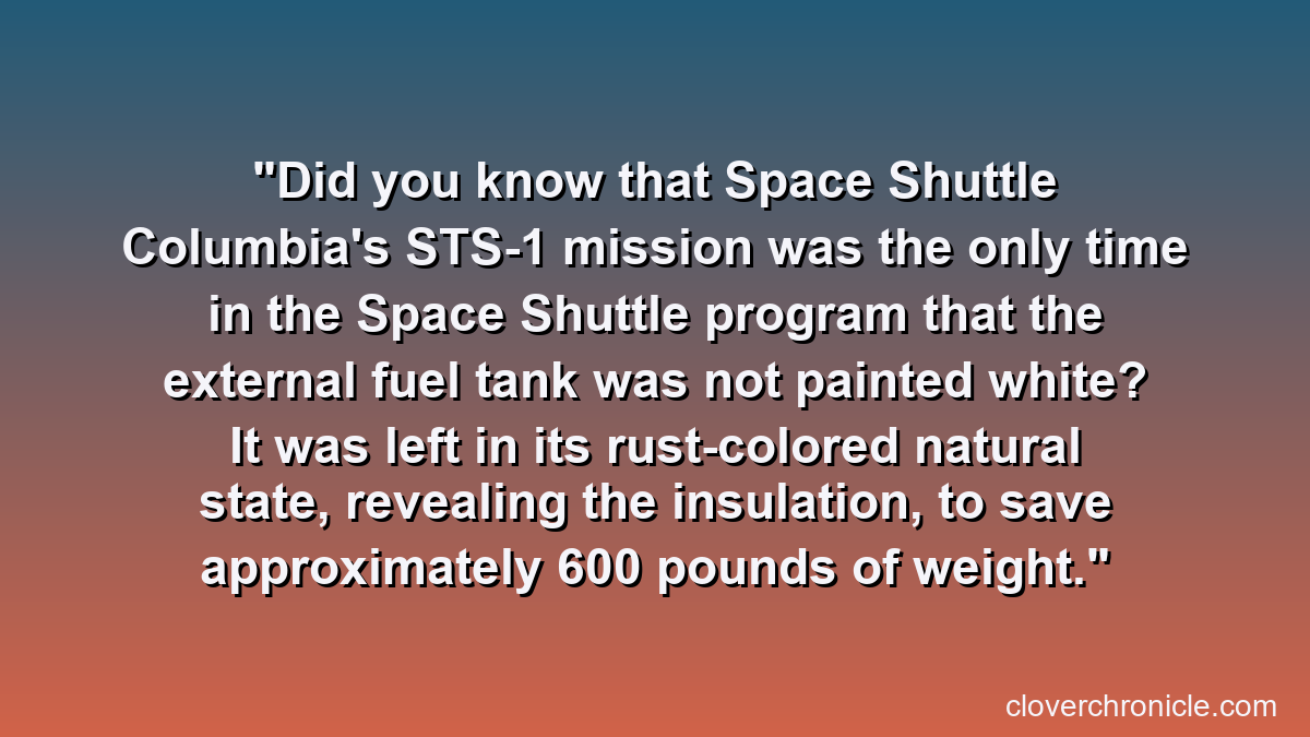 Did you know that Space Shuttle Columbia's STS-1 mission was the only time in the Space Shuttle program that the external fuel tank was not painted white? It was left in its rust-colored natural state, revealing the insulation, to save approximately 600 pounds of weight.