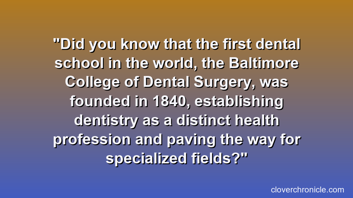 Did you know that the first dental school in the world, the Baltimore College of Dental Surgery, was founded in 1840, establishing dentistry as a distinct health profession and paving the way for specialized fields?