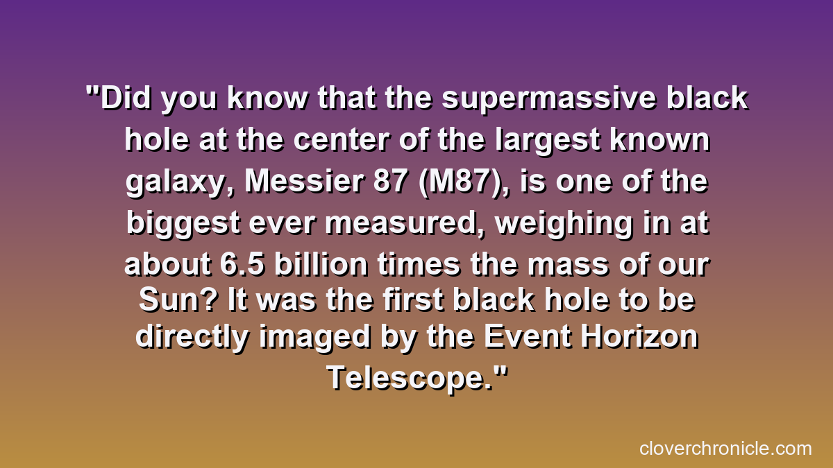 Did you know that the supermassive black hole at the center of the largest known galaxy, Messier 87 (M87), is one of the biggest ever measured, weighing in at about 6.5 billion times the mass of our Sun? It was the first black hole to be directly imaged by the Event Horizon Telescope.