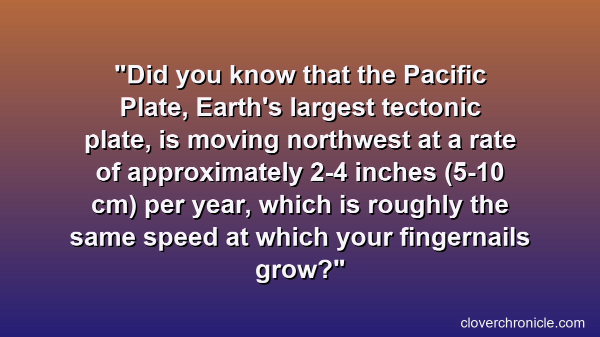 Did you know that the Pacific Plate, Earth's largest tectonic plate, is moving northwest at a rate of approximately 2-4 inches (5-10 cm) per year, which is roughly the same speed at which your fingernails grow?