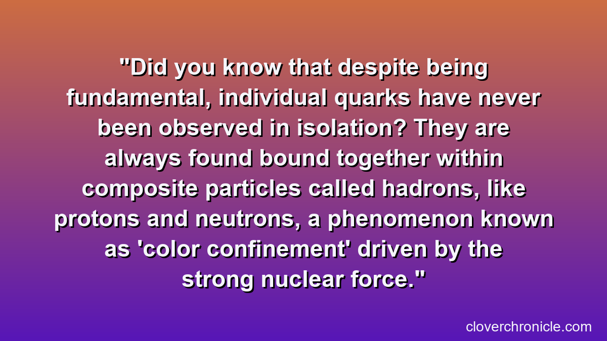 Did you know that despite being fundamental, individual quarks have never been observed in isolation? They are always found bound together within composite particles called hadrons, like protons and neutrons, a phenomenon known as 'color confinement' driven by the strong nuclear force.