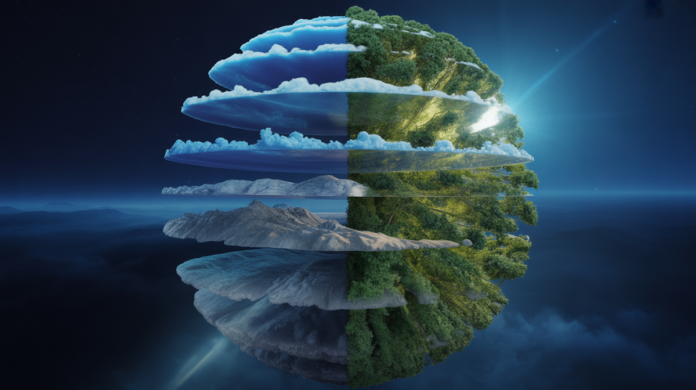 A vibrant, stylized illustration of Earth where distinct sections representing atmosphere (swirling clouds), hydrosphere (dynamic oceans), geosphere (rugged mountains), and biosphere (lush forests with diverse life) seamlessly merge and visibly interact to form a holistic planetary view.