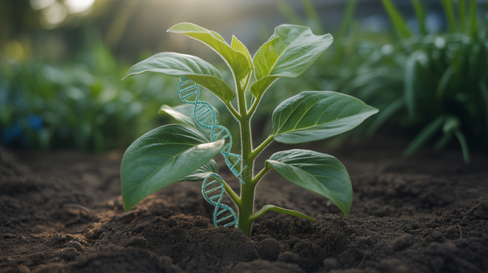 A lush, vibrant green plant growing from rich, dark earth, with subtle, translucent DNA helixes visibly interwoven within its leaves and stem, illuminated by soft natural light, symbolizing advanced sustainable agriculture.