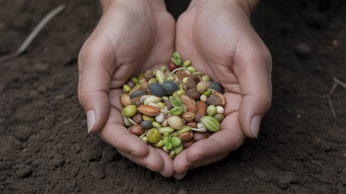 A close-up of a diverse array of colorful heirloom seeds and young sprouts held gently in cupped hands against a backdrop of rich, dark earth, symbolizing the nurturing of agricultural biodiversity for future food systems.