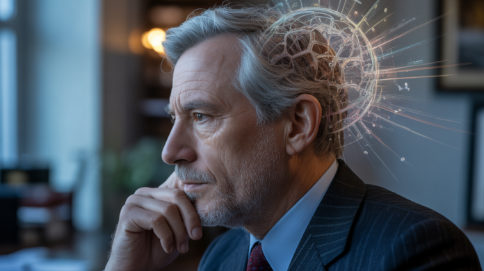 A pioneering American behavioral scientist, depicted in thoughtful profile, with an intricate, softly glowing network of interconnected human behaviors and branching 'multiverse' pathways subtly radiating from their mind.