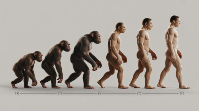 A sleek, horizontal progression depicting the gradual evolutionary transformation from a distinct ape-like ancestor on the far left to a modern human on the far right, with a subtle timeline graphic integrated below.