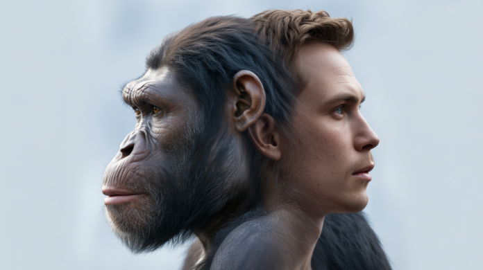 A striking split portrait, seamlessly merging the profiles of a modern human and a great ape, highlighting their shared evolutionary journey.