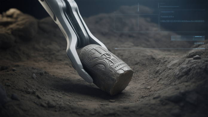 A sleek, futuristic robotic arm carefully lifts a partially unearthed, intricately carved ancient artifact from dark, rich soil in a meticulously lit archaeological dig site, with subtle digital overlays indicating data analysis and discovery.