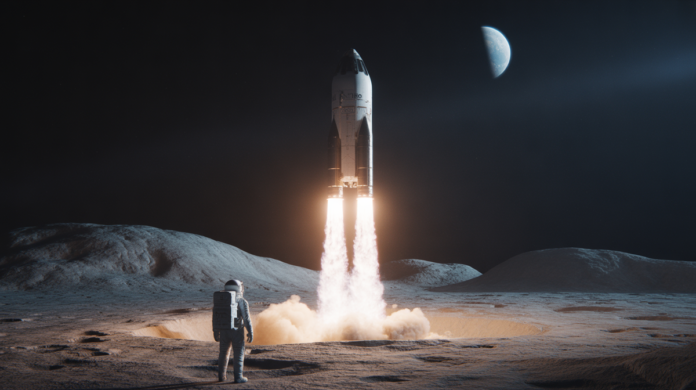 A sleek Orion spacecraft dramatically ascends from a cratered, brightly illuminated lunar surface, as a lone astronaut stands silhouetted in the foreground, gazing up at a distant, crescent Earth.